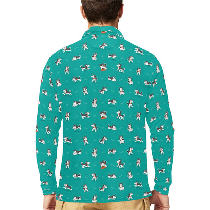 Siberian Huskies Print Design LKS303 Long Sleeve Polo Shirt For Men's
