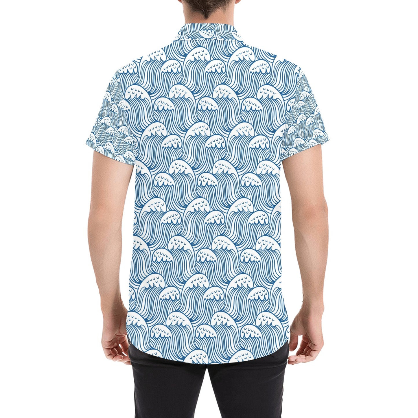 Wave Print Design LKS306 Men Short Sleeve Button Up Shirt