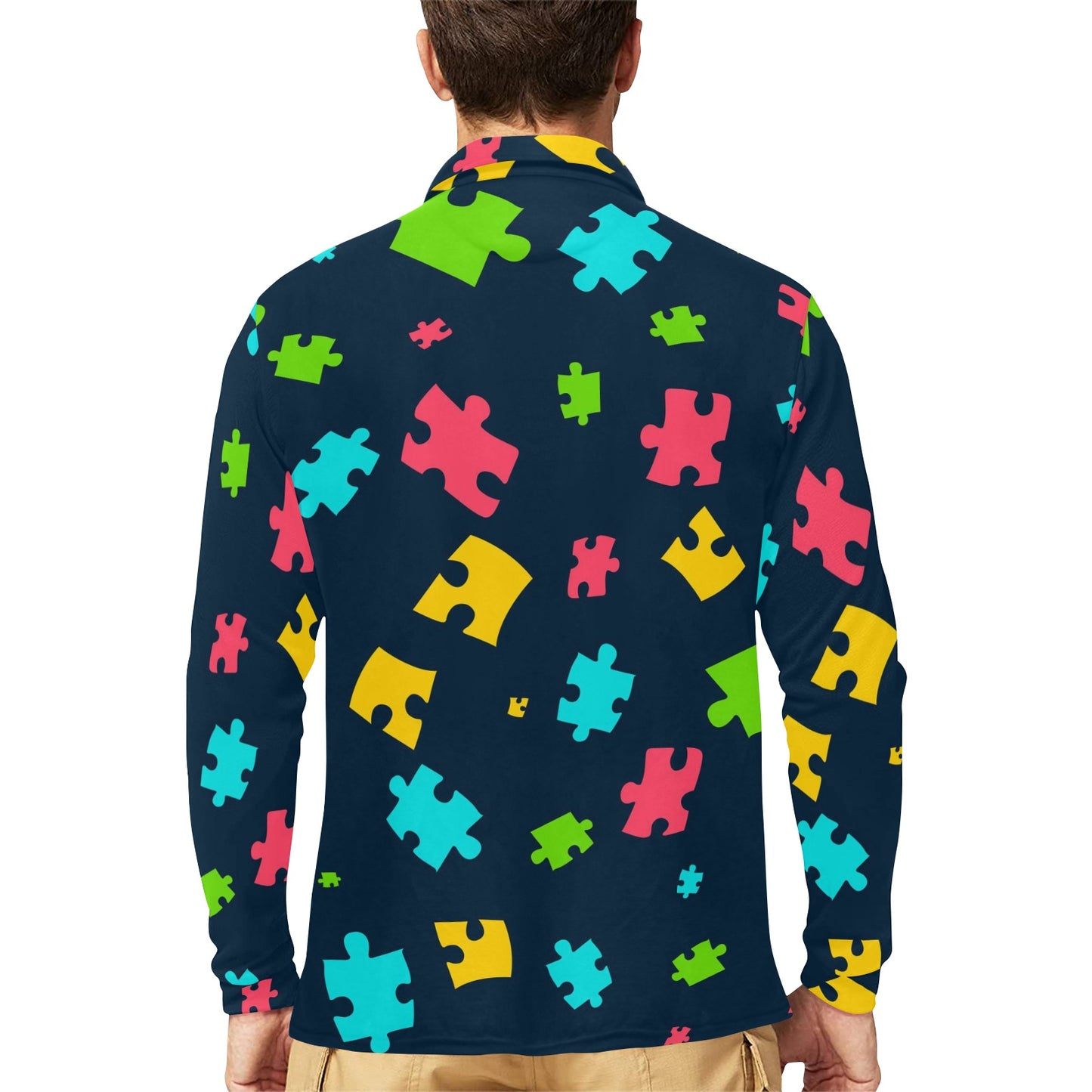 Autism Awareness Colorful Design Print Long Sleeve Polo Shirt For Men's