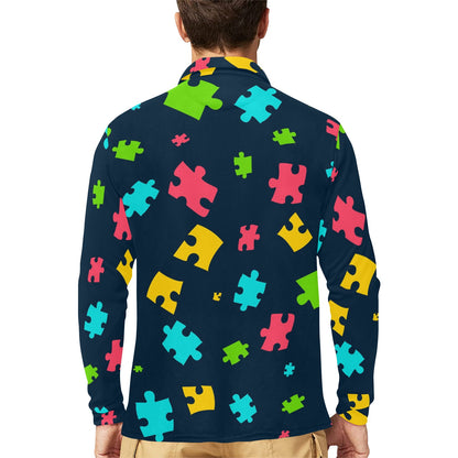 Autism Awareness Colorful Design Print Long Sleeve Polo Shirt For Men's