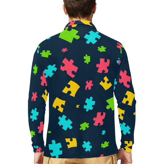 Autism Awareness Colorful Design Print Long Sleeve Polo Shirt For Men's