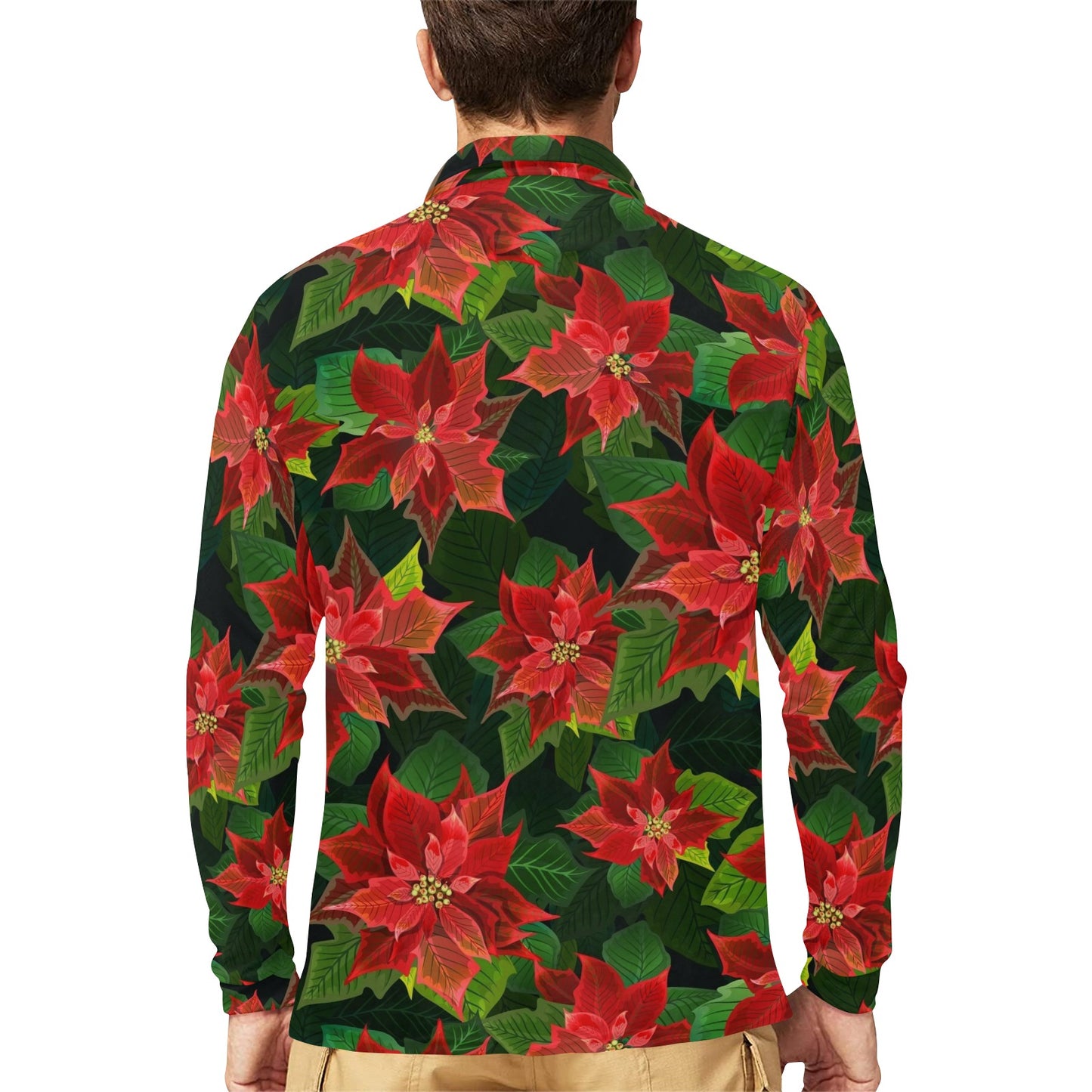 Poinsettia Pattern Print Design POT04 Long Sleeve Polo Shirt For Men's