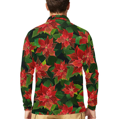 Poinsettia Pattern Print Design POT04 Long Sleeve Polo Shirt For Men's
