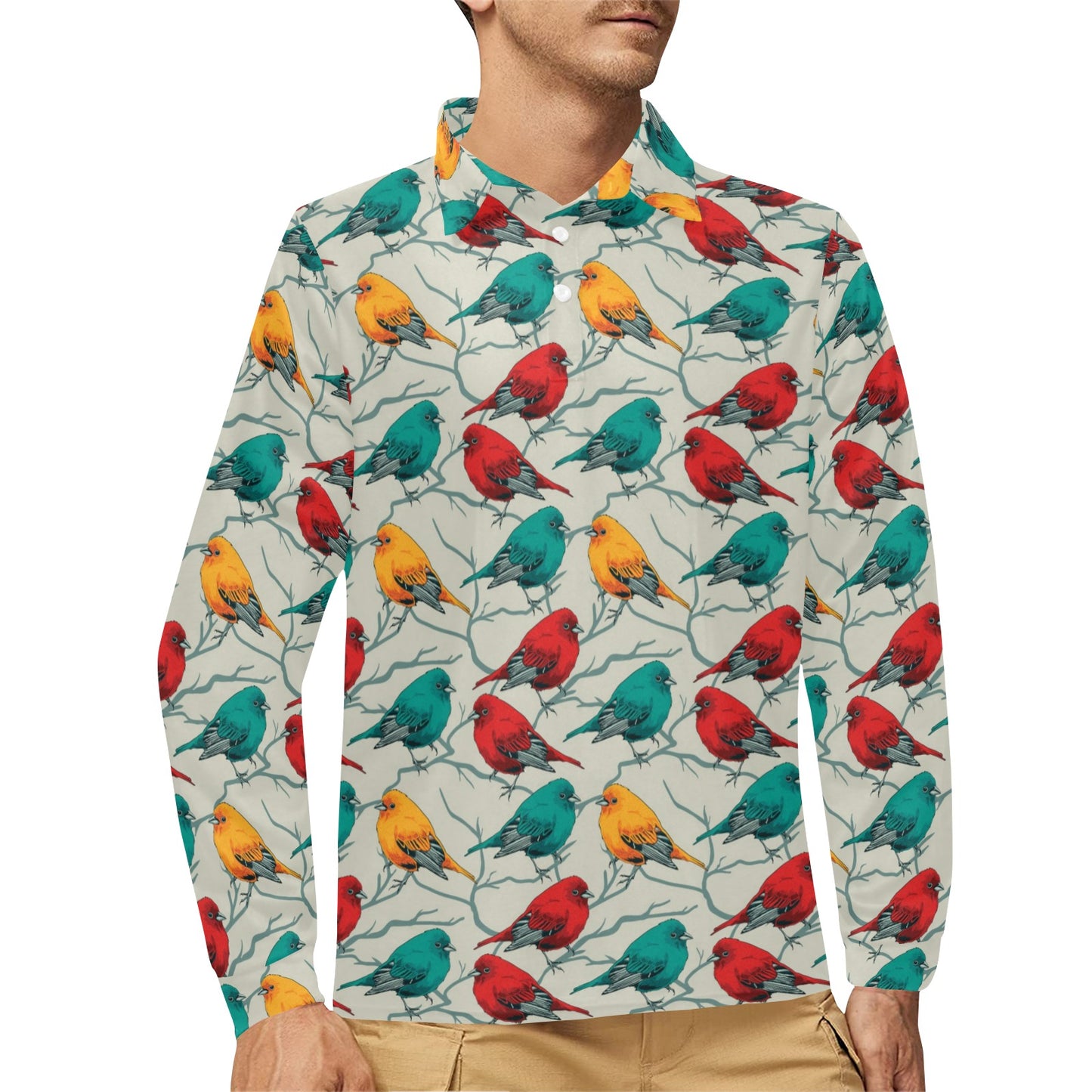 Birds Pattern Print Design 04 Long Sleeve Polo Shirt For Men's
