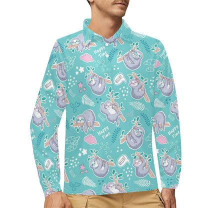 Sloth Print Design LKS309 Long Sleeve Polo Shirt For Men's