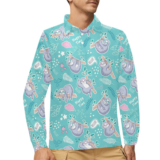 Sloth Print Design LKS309 Long Sleeve Polo Shirt For Men's