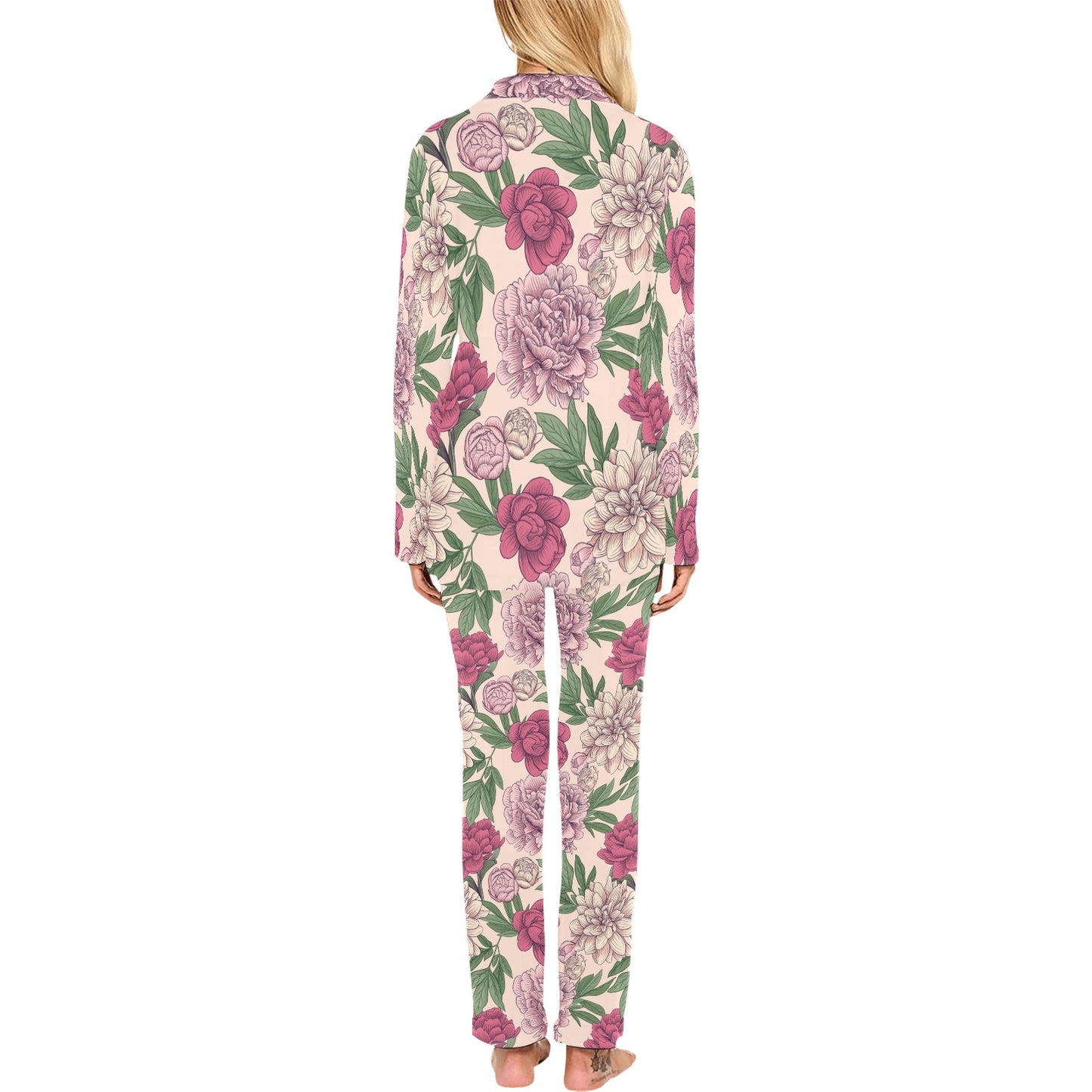 Peony Pattern Print Design A01 Women's Long Pajama Set