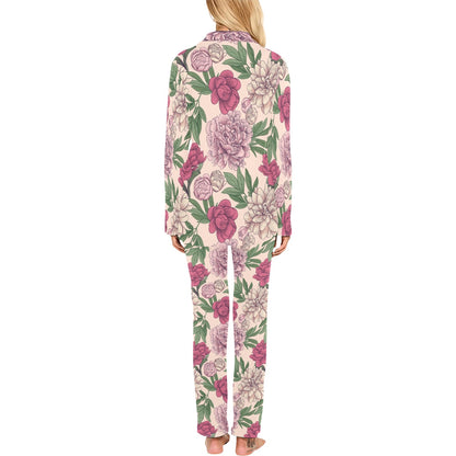 Peony Pattern Print Design A01 Women's Long Pajama Set
