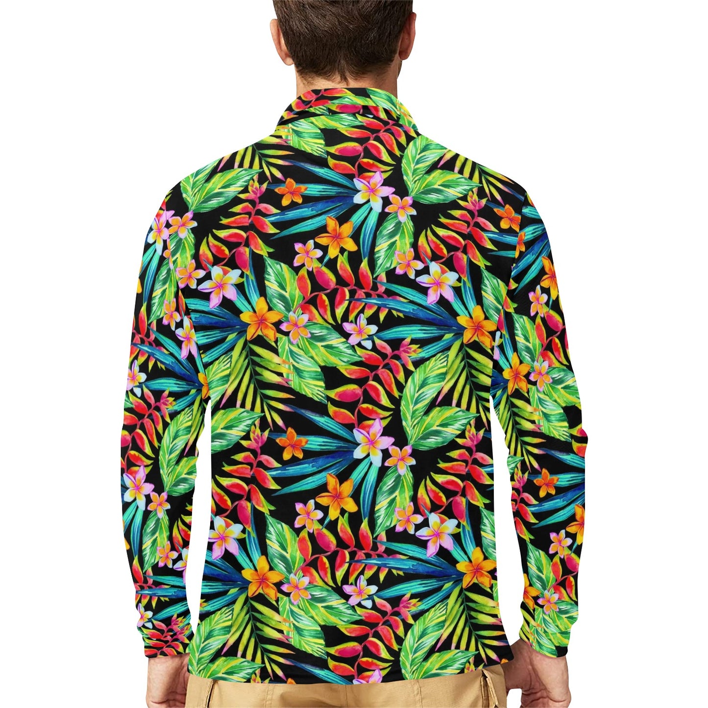 Heliconia Pattern Print Design HL09 Long Sleeve Polo Shirt For Men's