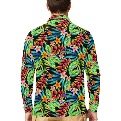 Heliconia Pattern Print Design HL09 Long Sleeve Polo Shirt For Men's