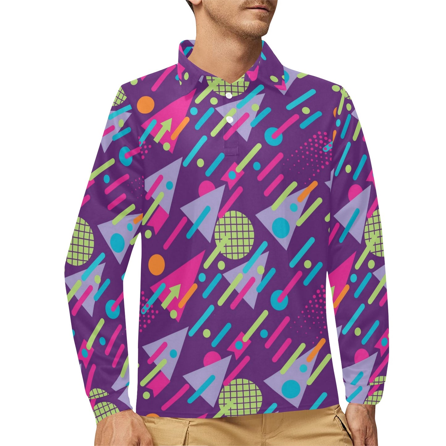 90s Pattern Print Design 4 Long Sleeve Polo Shirt For Men's