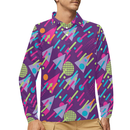 90s Pattern Print Design 4 Long Sleeve Polo Shirt For Men's