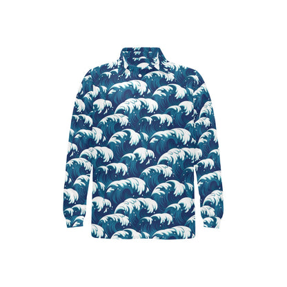 Ocean Wave Pattern Print Long Sleeve Polo Shirt For Men's