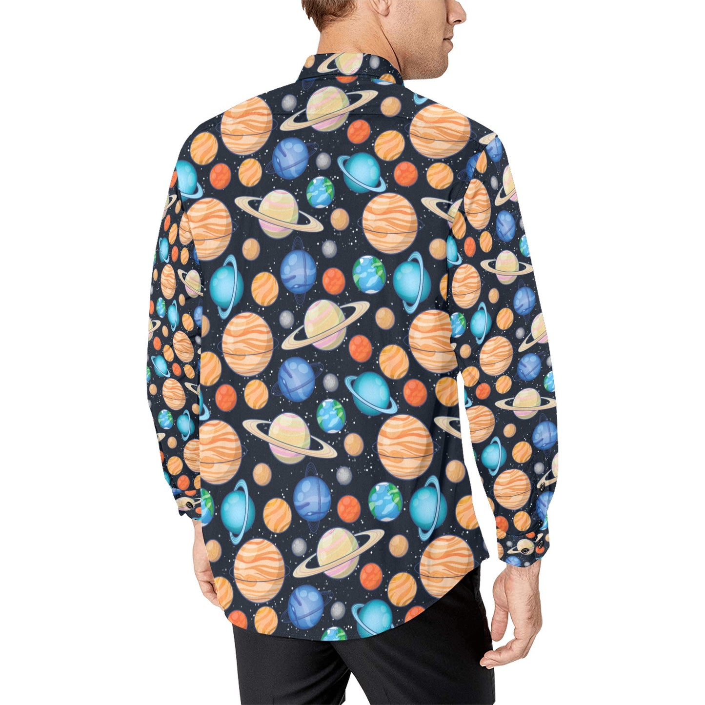 Planet Colorful Print Design LKS301 Men's Long Sleeve Dress Shirt