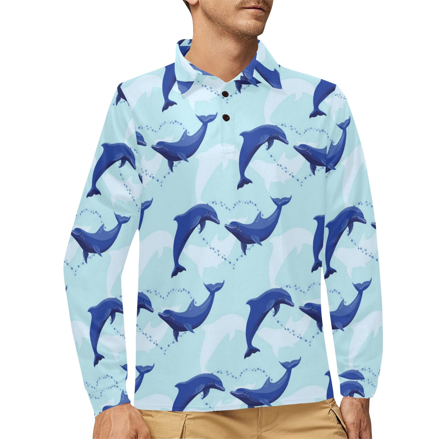 Dolphin Heart Pattern Long Sleeve Polo Shirt For Men's