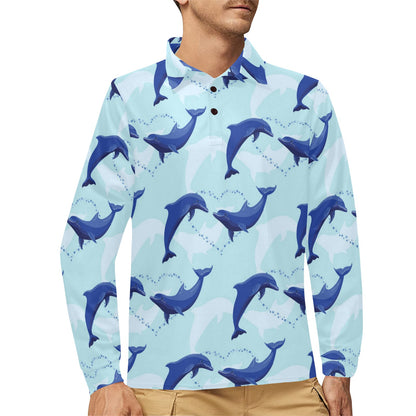 Dolphin Heart Pattern Long Sleeve Polo Shirt For Men's