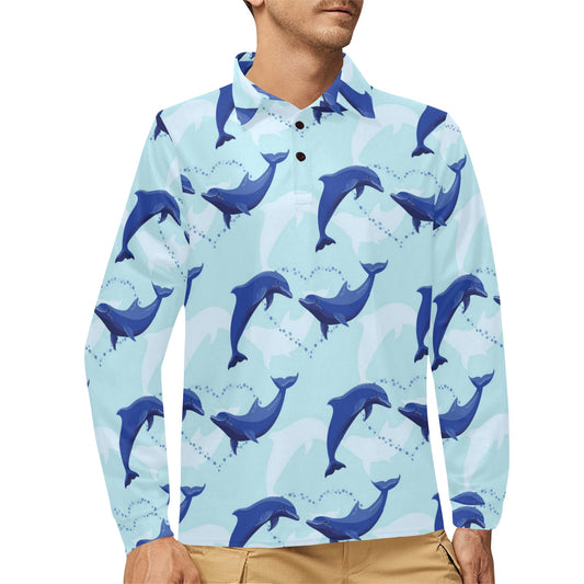 Dolphin Heart Pattern Long Sleeve Polo Shirt For Men's