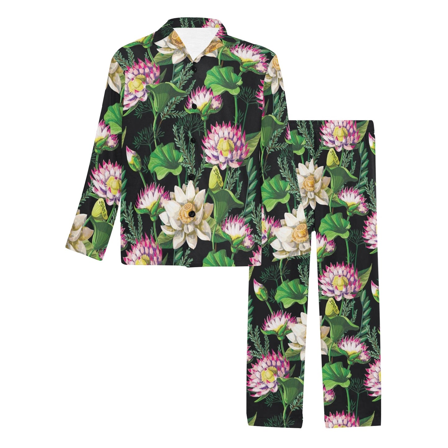 Water Lily Pattern Print Design WL010 Men's Long Pajama Set