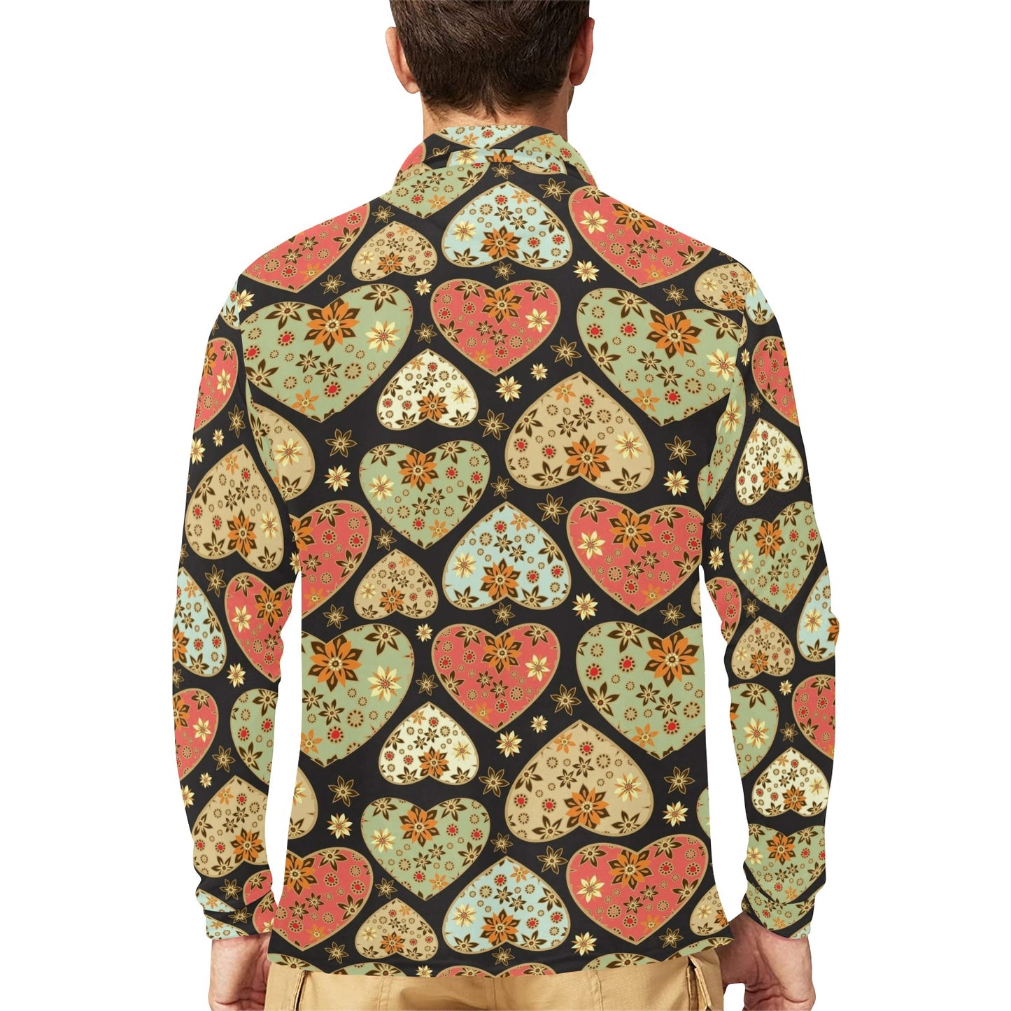 Heart Boho Pattern Print Design HE04 Long Sleeve Polo Shirt For Men's