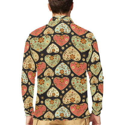 Heart Boho Pattern Print Design HE04 Long Sleeve Polo Shirt For Men's