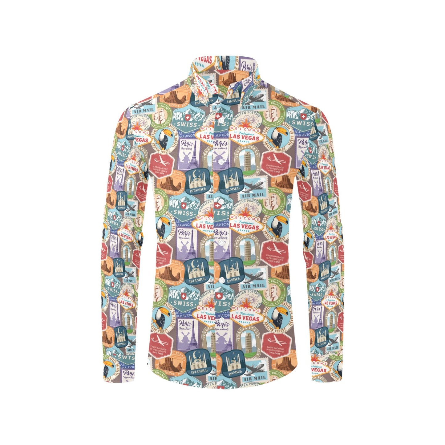 Travel Stamp Print Design LKS301 Men's Long Sleeve Dress Shirt
