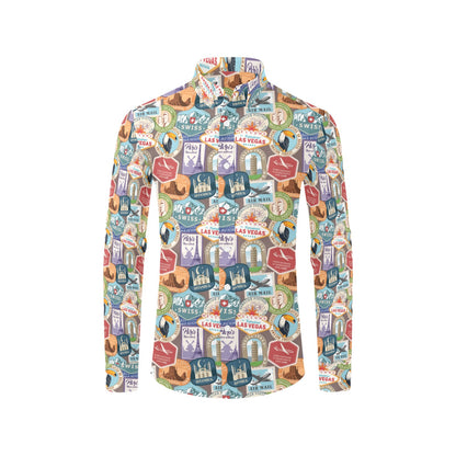 Travel Stamp Print Design LKS301 Men's Long Sleeve Dress Shirt
