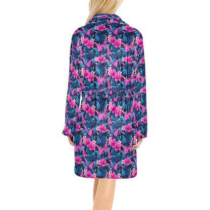 Tropical Folower Pink Themed Print Women's Fleece Robe