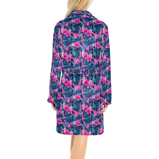 Tropical Folower Pink Themed Print Women's Fleece Robe