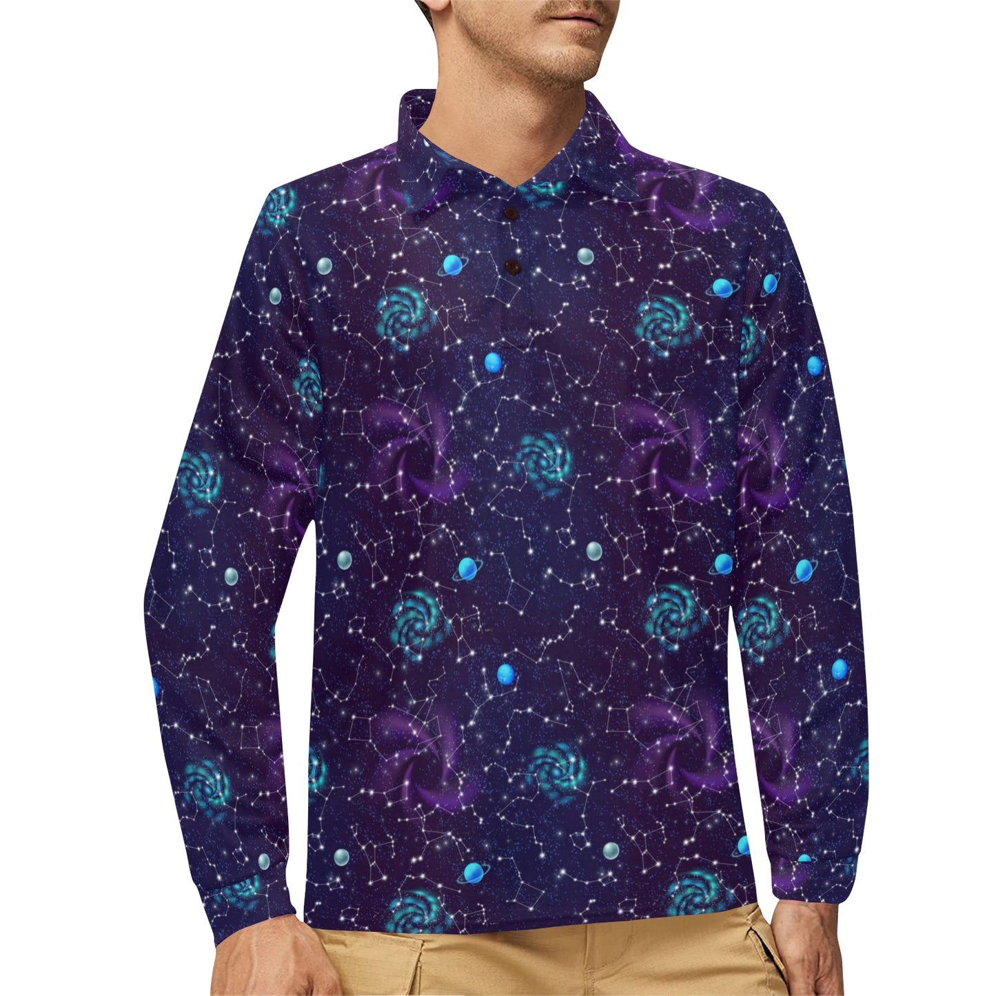 Zodiac Galaxy Design Print Long Sleeve Polo Shirt For Men's