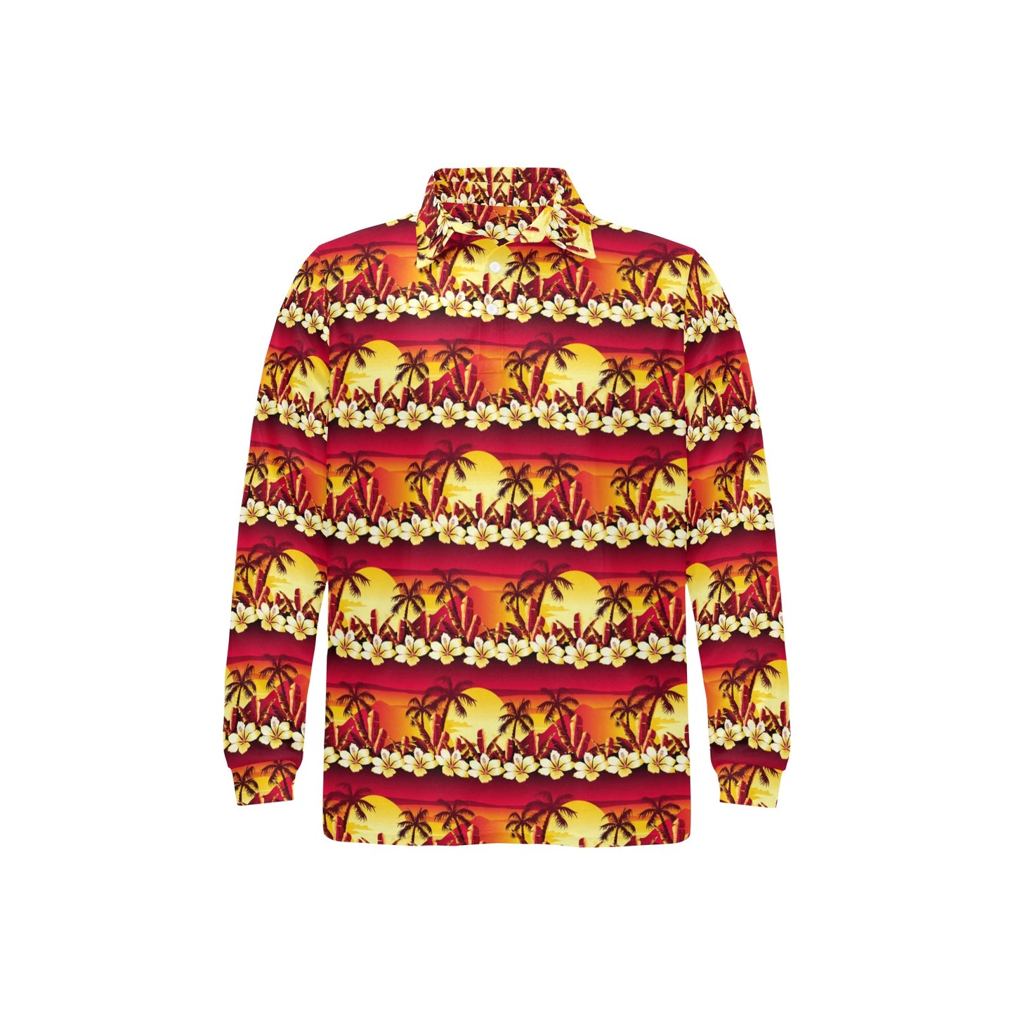 Hawaiian Tropical Sunset Hibiscus Print Long Sleeve Polo Shirt For Men's
