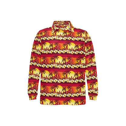 Hawaiian Tropical Sunset Hibiscus Print Long Sleeve Polo Shirt For Men's