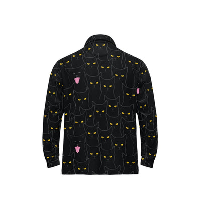 Black Cat Yellow Eyes Print Pattern Long Sleeve Polo Shirt For Men's