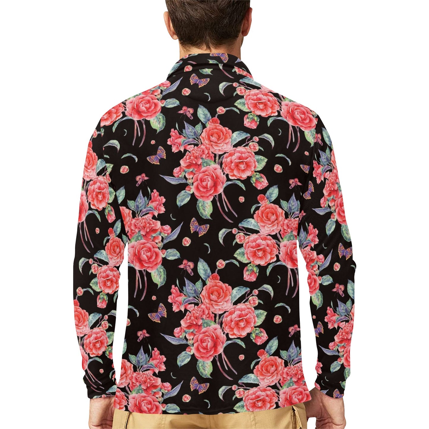 Camellia Pattern Print Design CM03 Long Sleeve Polo Shirt For Men's