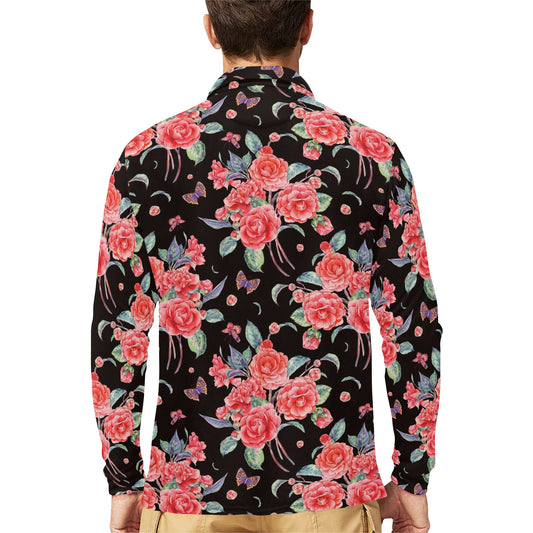 Camellia Pattern Print Design CM03 Long Sleeve Polo Shirt For Men's