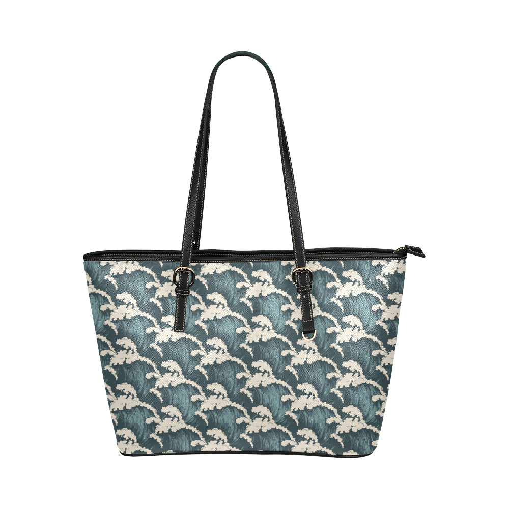 Wave Art Print Leather Tote Bag