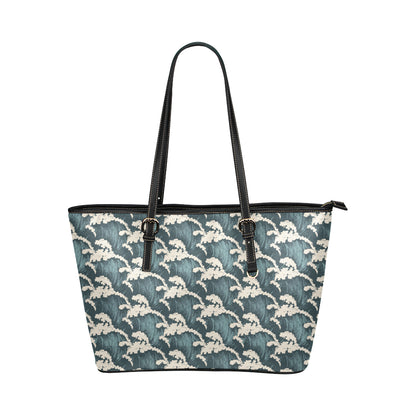 Wave Art Print Leather Tote Bag
