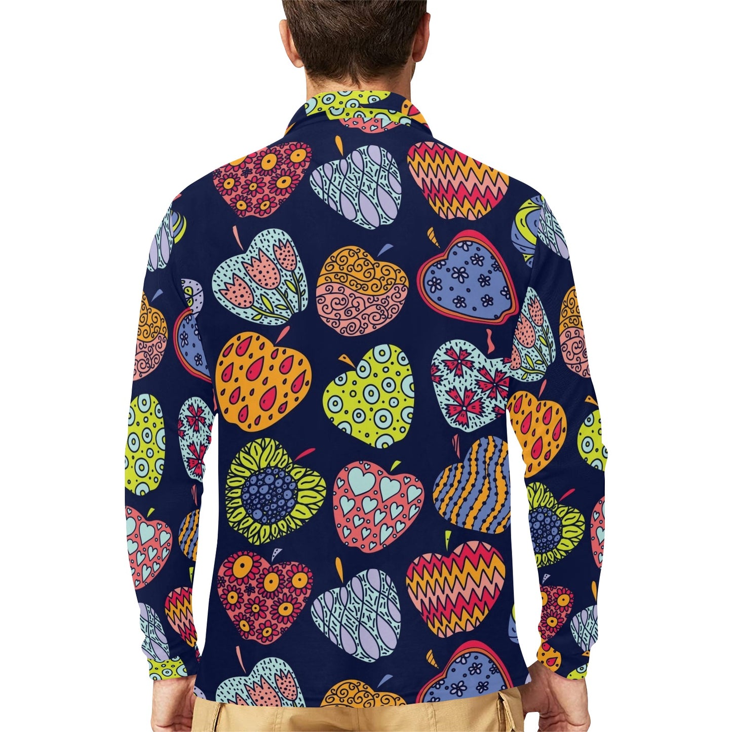 Apple Pattern Print Design AP05 Long Sleeve Polo Shirt For Men's