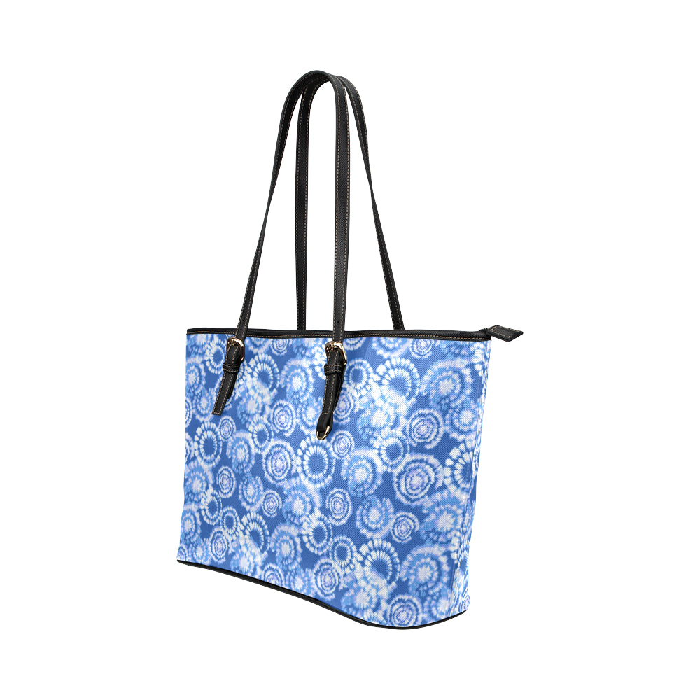 Tie Dye Blue Design Print Leather Tote Bag