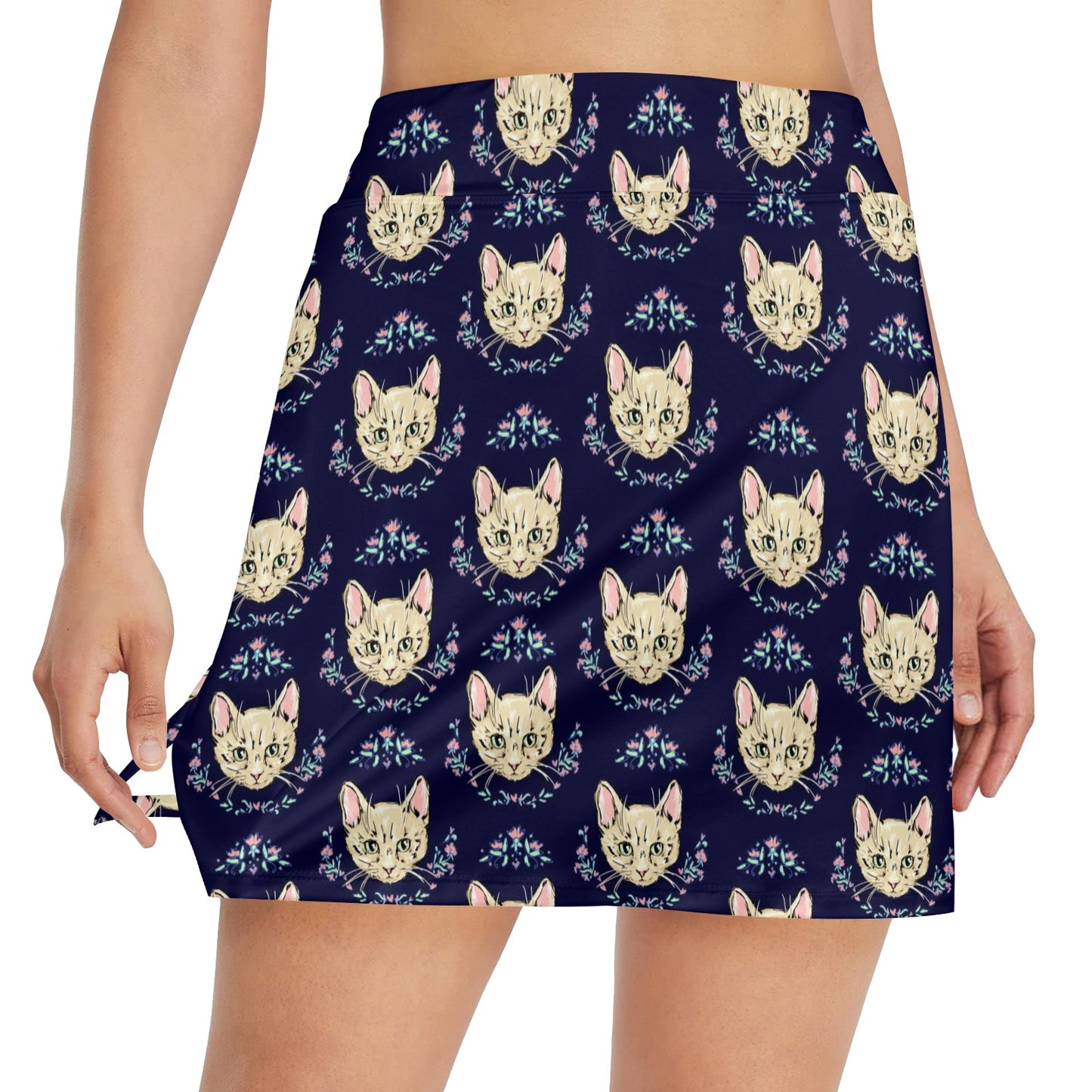 Cat Head with flower Print Pattern 17" Golf & Pickleball Skort with Pockets