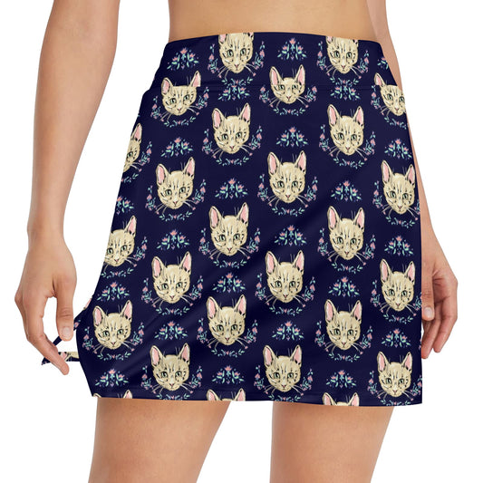 Cat Head with flower Print Pattern 17" Golf & Pickleball Skort with Pockets