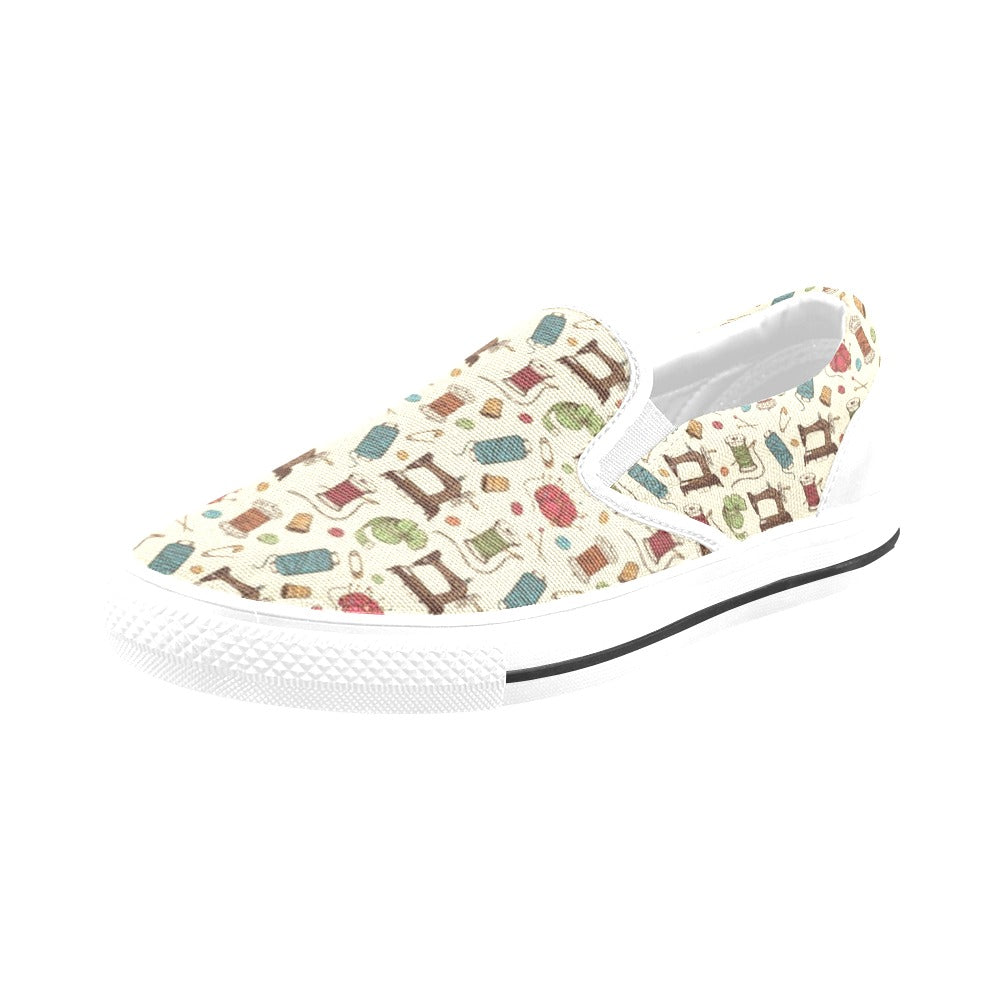 Sewing Equipment Print Design LKS303 White Slip Ons Canvas Women's Shoes