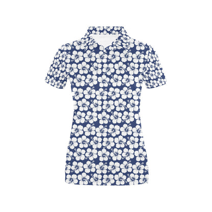Hibiscus Blue Hawaiian Flower Pattern Women's Polo Shirt