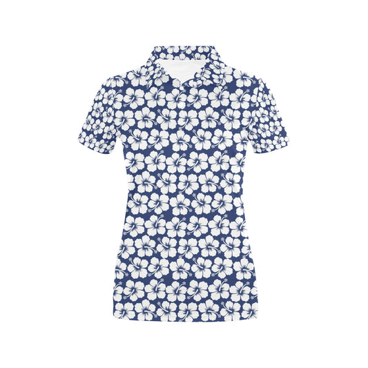 Hibiscus Blue Hawaiian Flower Pattern Women's Polo Shirt