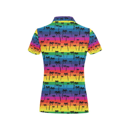 Palm Tree Rainbow Themed Print Women's Polo Shirt