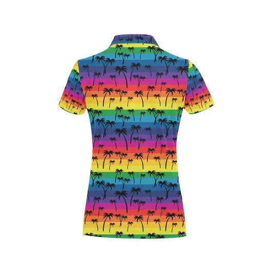 Palm Tree Rainbow Themed Print Women's Polo Shirt