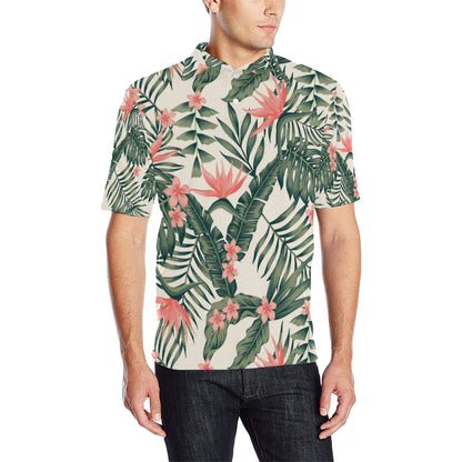Tropical Flower Palm Leaves Men Polo Shirt