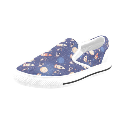 Space Astronaut Rocket Print Design LKS304 White Slip Ons Canvas Women's Shoes