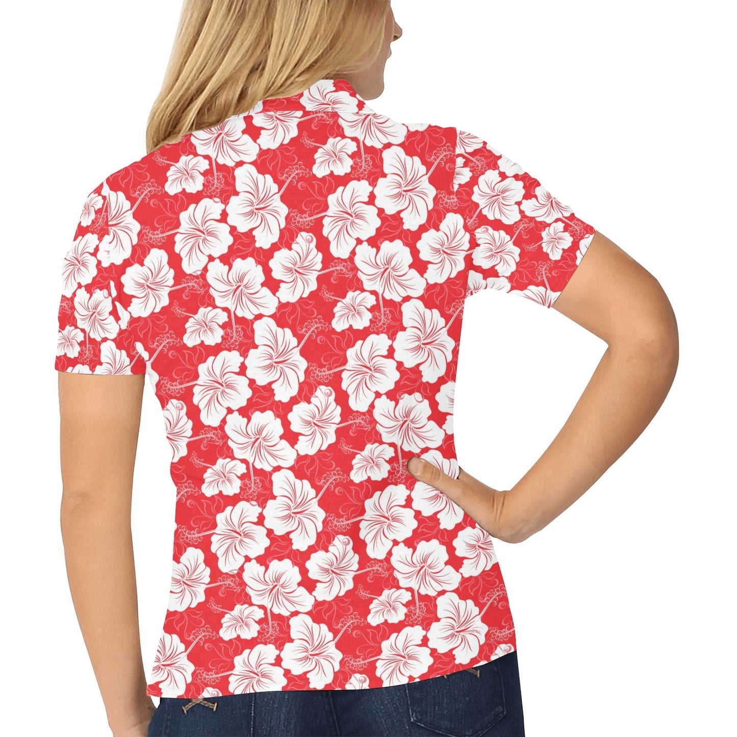 Flower Hawaiian Hibiscus Red Background Print Women's Polo Shirt