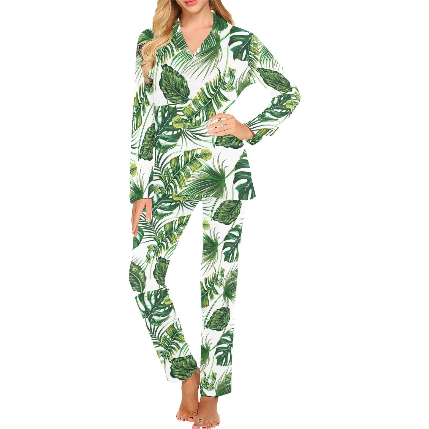 Green Pattern Tropical Palm Leaves Women's Long Pajama Set