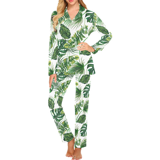 Green Pattern Tropical Palm Leaves Women's Long Pajama Set